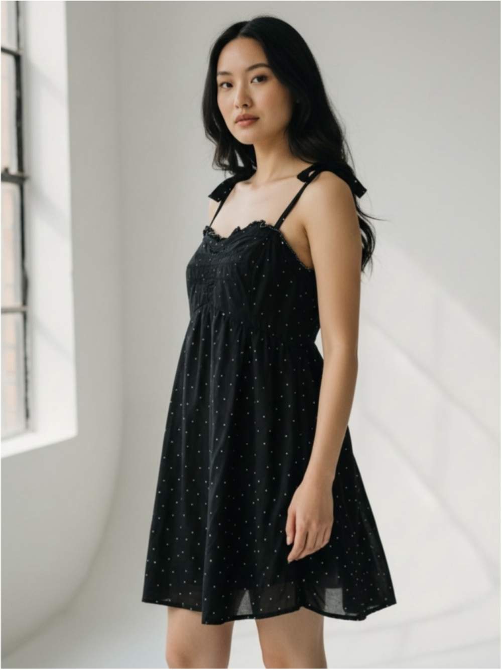 Free People Black Mini Slip Dress with White Dot Accents